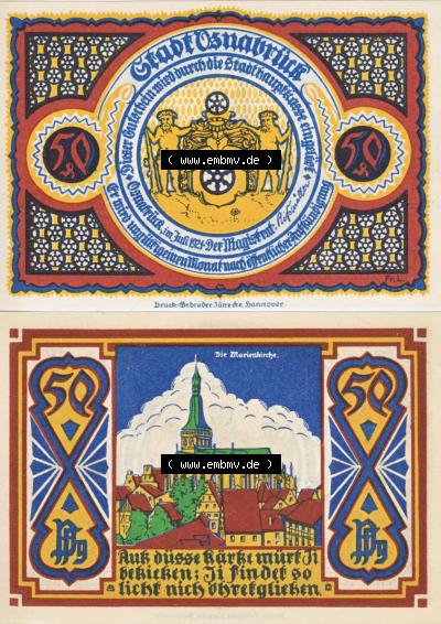 Notgeldscheine aus Osnabrück 1921, 50 Pfennig Marienkirche (3) Sammlung