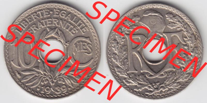 Münzen Frankreich Eurovorläufer, Umlaufmünze vor Euroeinführung 1938-1939, 10 Centimes, Cent 1939. Vorderseite und Rückseite Nebeneinander einer Münze... Sammlung