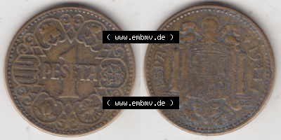 Münzen Spanien Eurovorläufer, Umlaufmünze vor Euroeinführung 1944-1944, 1 Pesete 1944 (3) Sammlung