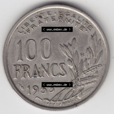 Münzen Frankreich Eurovorläufer, Umlaufmünze vor Euroeinführung 1954-1958; 100 Francs, Franken Typ I. 1955. Vorderseite einer... Sammlung