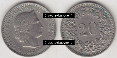 Münzen Schweiz Eurovorläufer, Umlaufmünze 1939-Heute, 20 Rappen B 1947 II. (3) Sammlung