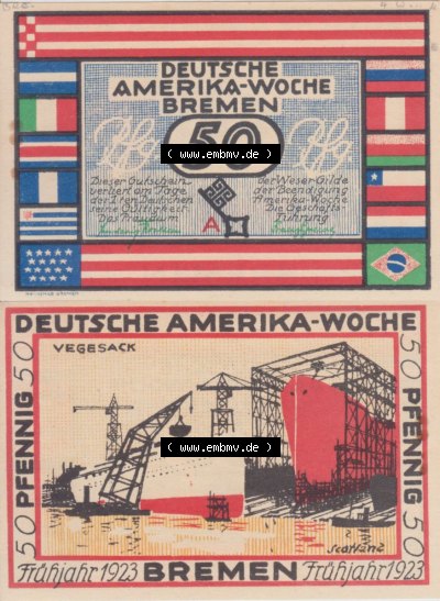 Notgeldscheine aus Bremen 1923 50 Pfennig A (3) Sammlung