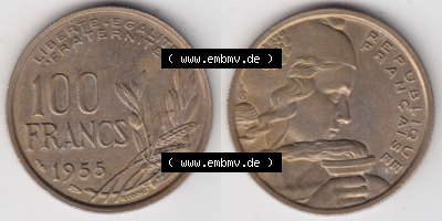 Münzen Frankreich Eurovorläufer, Umlaufmünze vor Euroeinführung 1954-1958, 100 Francs, Franken Typ II 1955. Vorderseite und... Sammlung