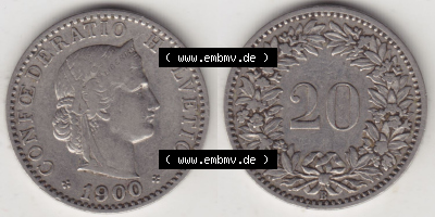 Münzen Schweiz Eurovorläufer, Umlaufmünze 1881-1938, 20 Rappen B 1900 (3) Sammlung