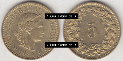 Münzen Schweiz Eurovorläufer, Umlaufmünze 1979-Heute, 5 Rappen E 1984 (3) Sammlung