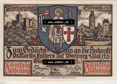Notgeldscheine aus Eisenach 1921, 50 Pfennig Luthers Ankunft auf der Wartburg (2) Sammlung