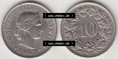 Münzen Schweiz Eurovorläufer, Umlaufmünze 1940-2018, 10 Rappen B 1962 I. (3) Sammlung