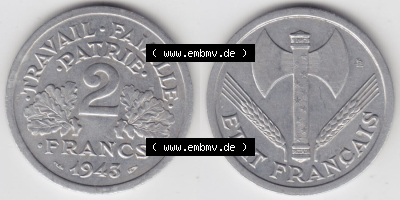 Münzen Frankreich Eurovorläufer, Umlaufmünze vor Euroeinführung 1943-1944, 2 Francs, Franken 1943. Vorderseite und Rückseite... Sammlung