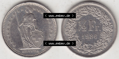 Münzen Schweiz Eurovorläufer, Umlaufmünze 1983-Heute, 0,50 Franken B 1986 (3) Sammlung