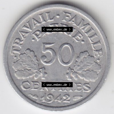 Münzen Frankreich Eurovorläufer, Umlaufmünze vor Euroeinführung 1942-1944, 50 Centimes, Cent 1942. Vorderseite einer Münze aus Europa als Digitales Bild... Sammlung