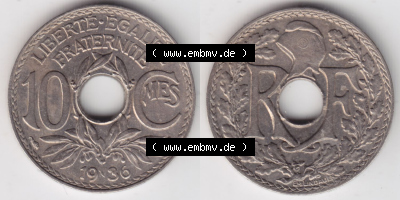 Münzen Frankreich Eurovorläufer, Umlaufmünze vor Euroeinführung 1917-1938, 10 Centimes, Cent 1936. Vorderseite und Rückseite... Sammlung