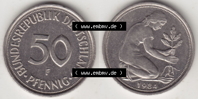 Münzen Deutschland 50 Pfennig der Deutschen Mark 1950-2001, 50 Pfennig 1984 F I. (3) Sammlung