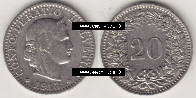Münzen Schweiz Eurovorläufer, Umlaufmünze 1881-1938, 20 Rappen B 1913 (3) Sammlung