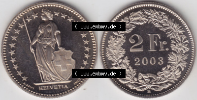 Münzen Schweiz Eurovorläufer, Umlaufmünze 1983-2018, 2 Franken B 2003 (3) Sammlung