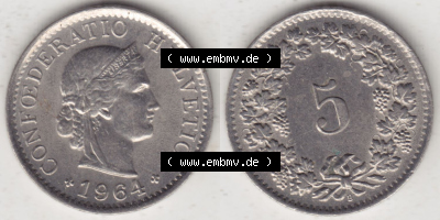 Münzen Schweiz Eurovorläufer, Umlaufmünze 1940-1980, 5 Rappen B 1964 I. (3) Sammlung