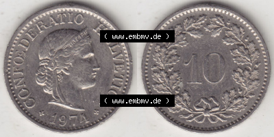 Münzen Schweiz Eurovorläufer, Umlaufmünze 1940-2018, 10 Rappen B 1974 II. (3) Sammlung