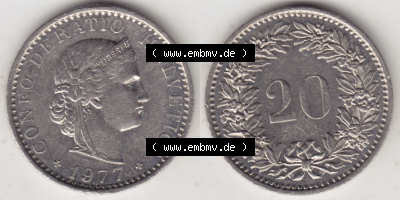 Münzen Schweiz Eurovorläufer, Umlaufmünze 1939-2018, 20 Rappen B 1977 (3) Sammlung