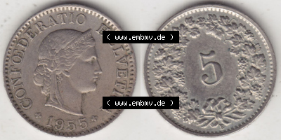 Münzen Schweiz Eurovorläufer, Umlaufmünze 1940-1980, 5 Rappen B 1955 I. (3) Sammlung