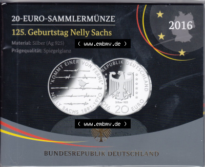 Münzen Deutschland 20 Euro-Sondermünzen Silbermünze in 925er Silber PP 2016 (Stück 2), 125. Geburtstag Nelly Sachs (1) Sammlung