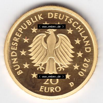 Münzen Deutschland 20 Euro Goldmünzen Deutscher Wald, 1/8 Unze Gold 2010. Vorderseite einer Münze aus dem deutschen Kaiserreich in Europa als Digitales Bild / Bildmaterial... Sammlung
