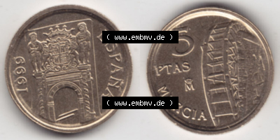 Münzen Spanien Eurovorläufer, Umlaufmünze vor Euroeinführung 1999-1999, 5 Peseten 1999 (3) Sammlung