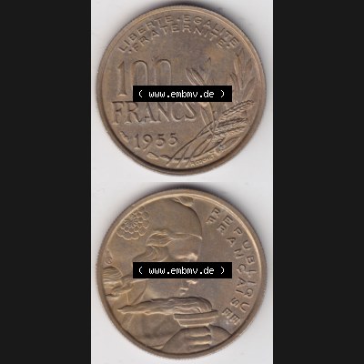 Münzen Frankreich Eurovorläufer, Umlaufmünze vor Euroeinführung 1954-1958, 100 Francs, Franken Typ II 1955. Vorderseite und Rückseite Vertikal Untereinander,... Sammlung