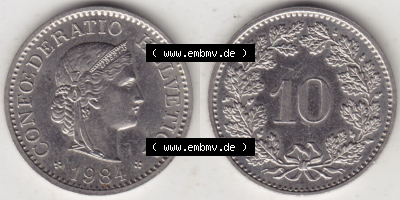Münzen Schweiz Eurovorläufer, Umlaufmünze 1940-2018, 10 Rappen B 1984 (3) Sammlung