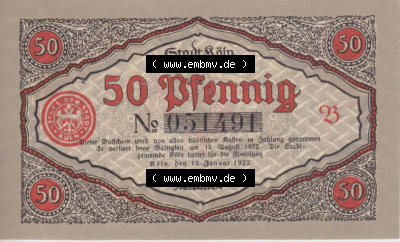 Notgeldscheine aus Köln mit Soldaten-Serie 1922 B II, 50 Pfennig 3 (2) Sammlung
