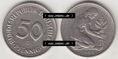 Münzen Deutschland 50 Pfennig der Deutschen Mark 1950-2001, 50 Pfennig 1993 D (3) Sammlung