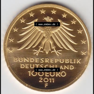 Münzen Deutschland 100 Euro Goldmünzen 2011. Rückseite einer Münze aus dem Deutschen Kaiserreich in Europa als Digitales Bild / Bildmaterial zum Herunterladen. Die... Sammlung