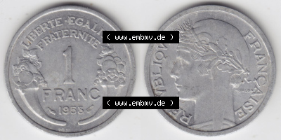 Münzen Frankreich Eurovorläufer, Umlaufmünze vor Euroeinführung 1941-1959, 1 Francs, Franken 1958. Vorderseite und Rückseite... Sammlung