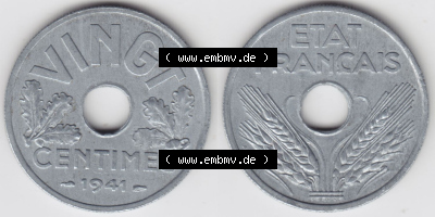 Münzen Frankreich Eurovorläufer, Umlaufmünze vor Euroeinführung 1941-1941, VINGT 20 Centimes, Cent. Vorderseite und Rückseite... Sammlung
