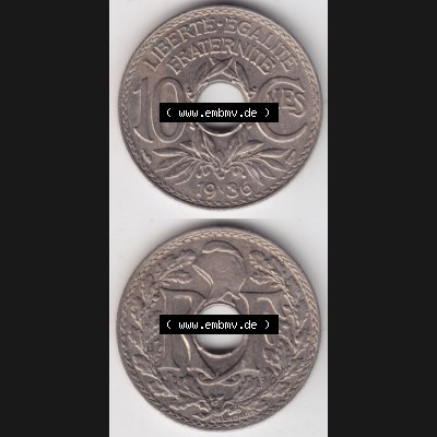 Münzen Frankreich Eurovorläufer, Umlaufmünze vor Euroeinführung 1917-1938, 10 Centimes, Cent 1936. Vorderseite und Rückseite Vertikal Untereinander einer... Sammlung