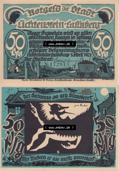 Notgeldscheine aus Lichtenstein-Callnberg 1921, Nr. 5, Der Satanas so arg blessiert (3) Sammlung