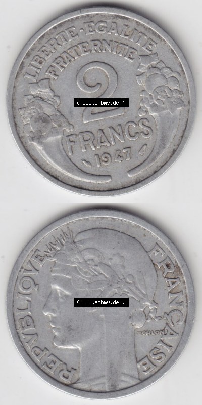 Münzen Frankreich Eurovorläufer, Umlaufmünze vor Euroeinführung 1941-1959, 2 Francs, Franken 1947. Vorderseite und Rückseite... Sammlung