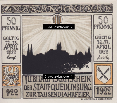 Notgeldscheine aus Quedlinburg 1922, 50 Pfennig Schloß (2) Sammlung