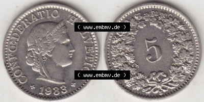 Münzen Schweiz Eurovorläufer, Umlaufmünze 1932-1941, 5 Rappen B 1933 (3) Sammlung