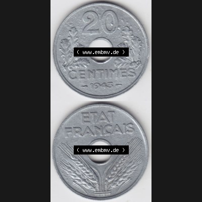 Münzen Frankreich Eurovorläufer, Umlaufmünze vor Euroeinführung 1941-1944, 20 Centimes, Cent 1943. Vorderseite und Rückseite Vertikal Untereinander,... Sammlung