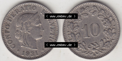 Münzen Schweiz Eurovorläufer, Umlaufmünze 1919-1931, 10 Rappen B 1931 (3) Sammlung