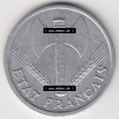 Münzen Frankreich Eurovorläufer, Umlaufmünze vor Euroeinführung 1942-1944, 1 Franc, Franken 1943. Rückseite einer Münze aus Europa als Digitales Bild... Sammlung