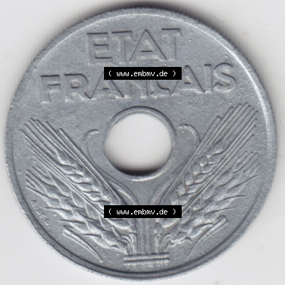 Münzen Frankreich Eurovorläufer, Umlaufmünze vor Euroeinführung 1941-1944, 20 Centimes, Cent 1943. Rückseite einer Münze... Sammlung