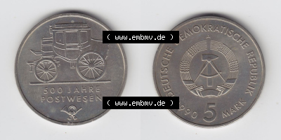 Münzen Deutschland DDR 5 Mark-Sondermünze 1990, 5 Mark 500 Jahre Postwesen (3) Sammlung