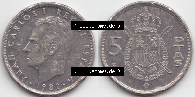 Münzen Spanien Eurovorläufer, Umlaufmünze vor Euroeinführung 1982-1989, 5 PTAS, Peseten 1982 (3) Sammlung