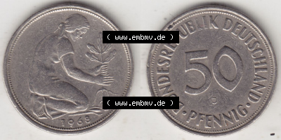 Münzen Deutschland 50 Pfennig der Deutschen Mark 1950-2001, 50 Pfennig 1968 J (4) Sammlung