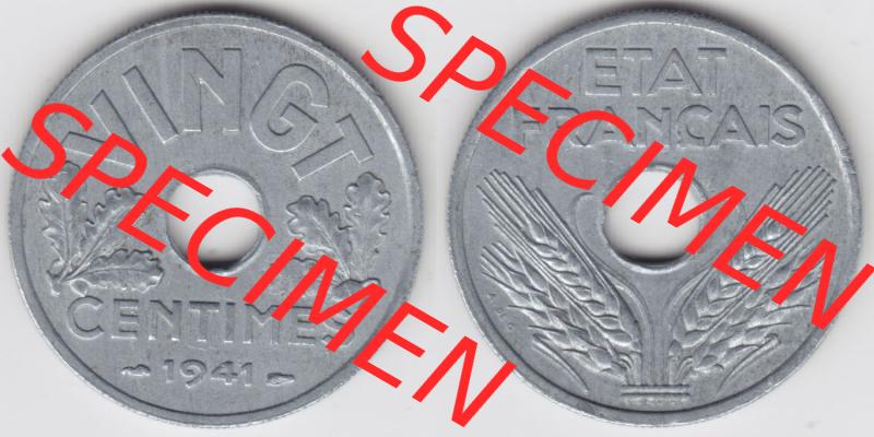 Münzen Frankreich Eurovorläufer, Umlaufmünze vor Euroeinführung 1941-1941, VINGT 20 Centimes, Cent. Vorderseite und Rückseite Nebeneinander einer Münze... Sammlung
