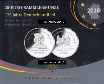 Münzen Deutschland 20 Euro-Sondermünzen Silbermünze in 925er Silber PP 2016 (Stück 4), 175 Jahre Deutschlandlied (1) Sammlung