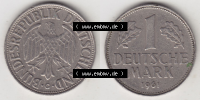 Münzen Deutschland 1950-2001, 1 Deutsche Mark 1961 G. Vorderseite und Rückseite der Münze aus Deutschland Sammlung