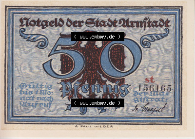 Notgeldscheine aus Arnstedt 1921, 50 Pfennig st (1) Sammlung