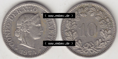 Münzen Schweiz Eurovorläufer, Umlaufmünze 1940-2018, 10 Rappen B 1974 I. (3) Sammlung
