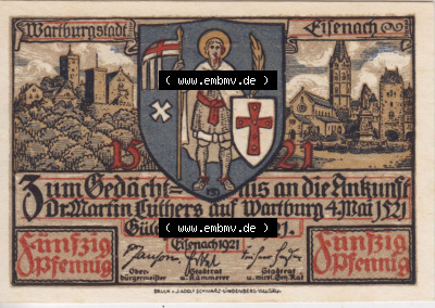 Notgeldscheine aus Eisenach 1921, 50 Pfennig Mit unserer Macht ist nichts getan (2) Sammlung